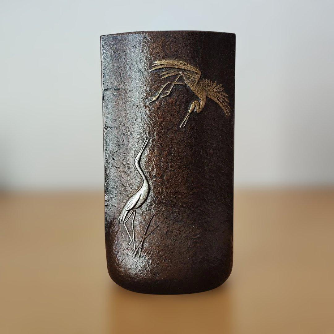 『祝』鶴と亀の彫刻 一輪挿し 高岡銅器　鋳物　伝統工芸