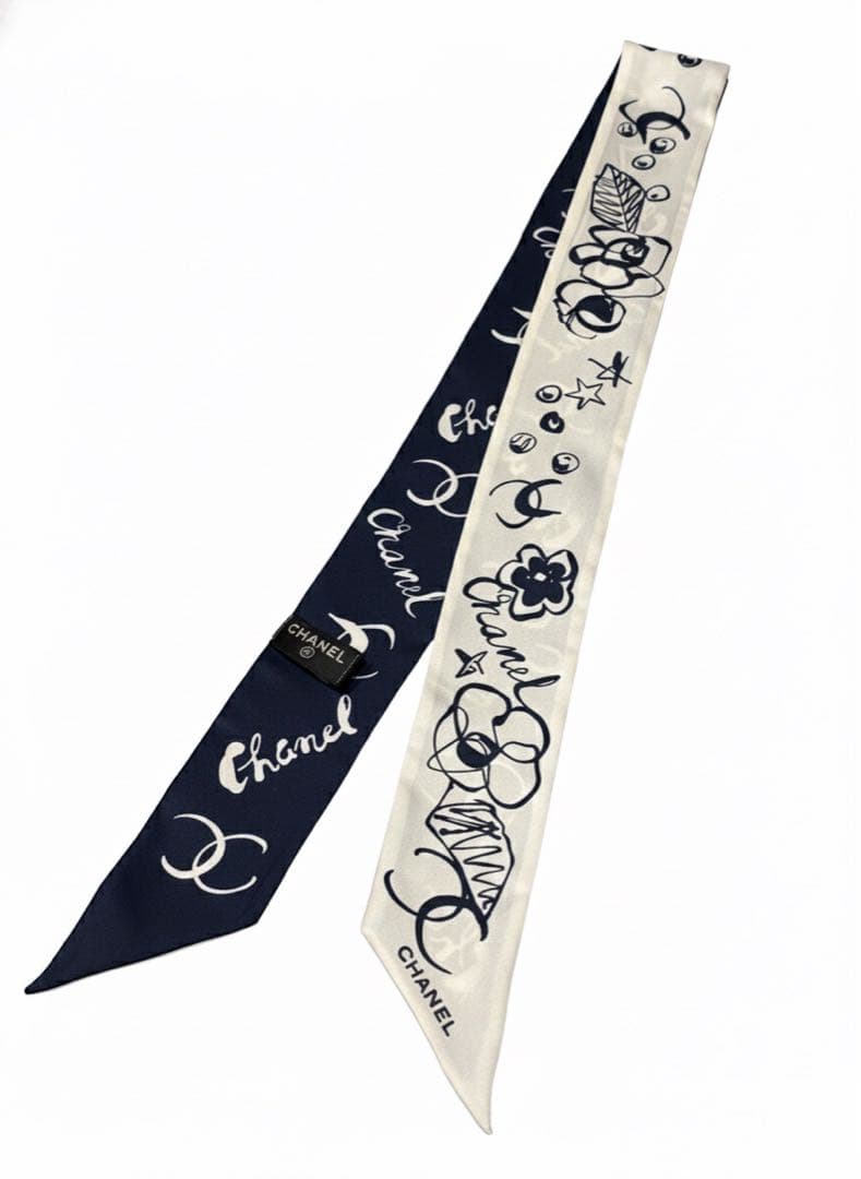 値下げ！CHANELシャネルリボンスカーフヘアバンドネイビーホワイトココマーク