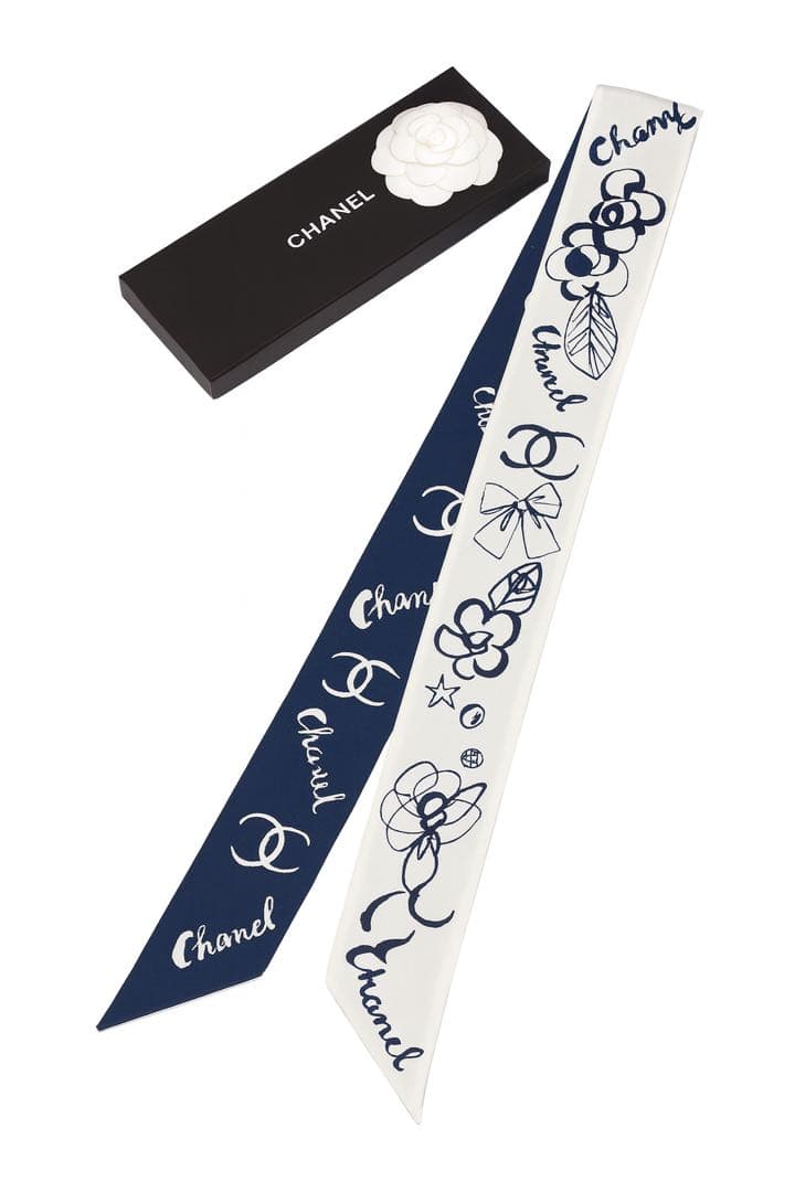 値下げ！CHANELシャネルリボンスカーフヘアバンドネイビーホワイトココマーク