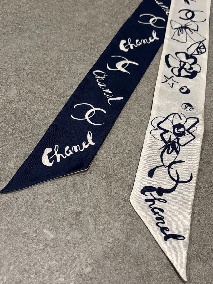 値下げ！CHANELシャネルリボンスカーフヘアバンドネイビーホワイトココマーク