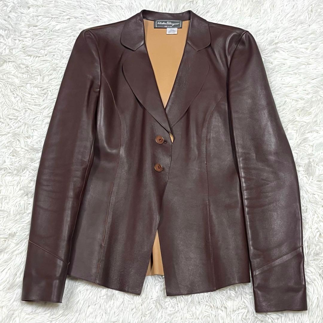 希少 美品✨フェラガモ レザーテーラードジャケット ブラウン イタリア製