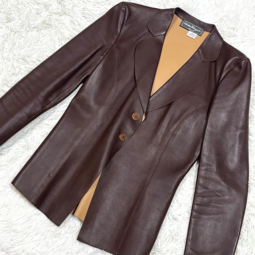 希少 美品✨フェラガモ レザーテーラードジャケット ブラウン イタリア製