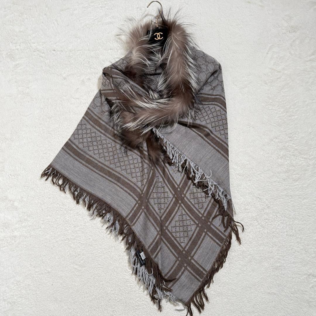 美品✨　グッチ　大判ショールストール　GG柄　シルク混　フォックスファー