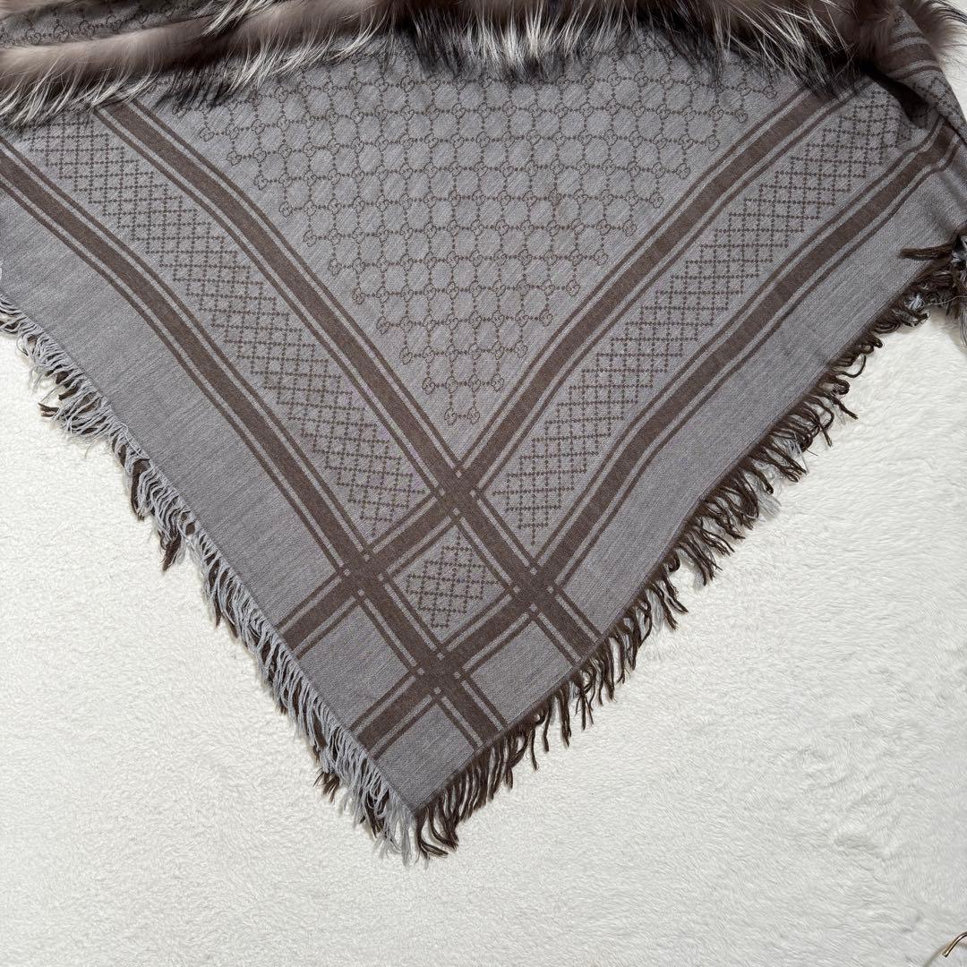 美品✨　グッチ　大判ショールストール　GG柄　シルク混　フォックスファー