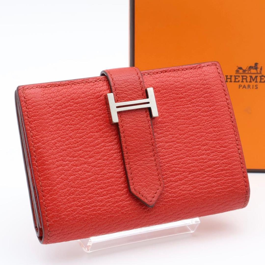 【極美品】HERMES ベアンミニ シェーブル　コンパクトウォレット　赤