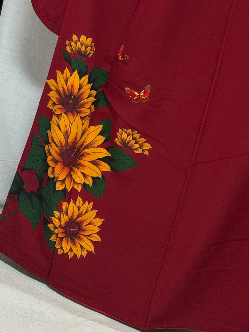 [美品] 単品　本振袖　振袖　正絹　成人式　結婚式　刺繍　蝶　向日葵　高身長