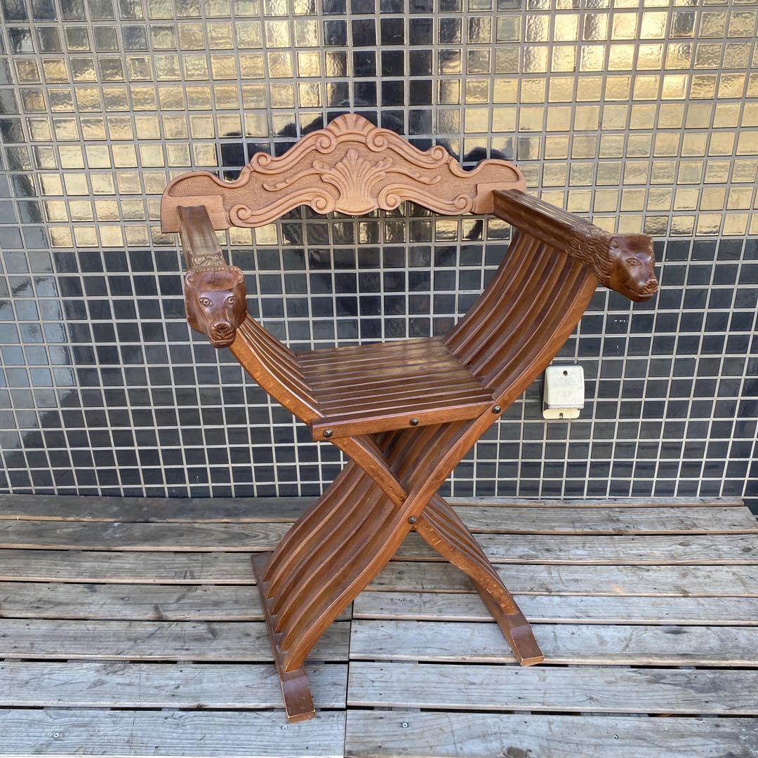 A.イタリア サボナローラチェア ヴィンテージ 折りたたみ 木彫り 家具