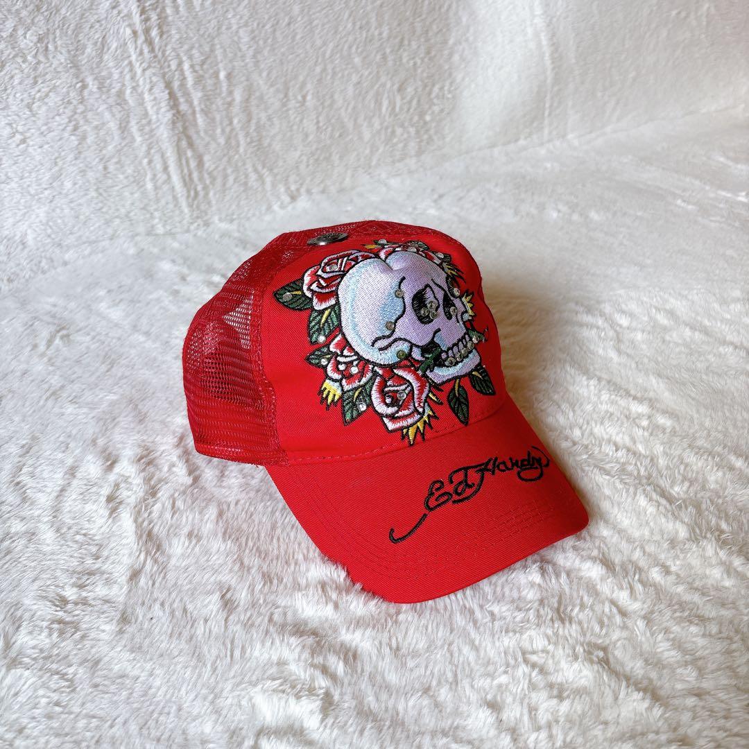 [超美品]ED Hardy スカル バラ刺繍 キャップ メッシュ レッド