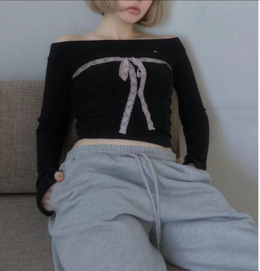 ANDMARY Della ribbon tops black ブラック