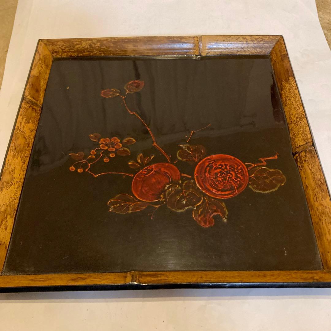 アンティーク漆塗り柿絵画盆