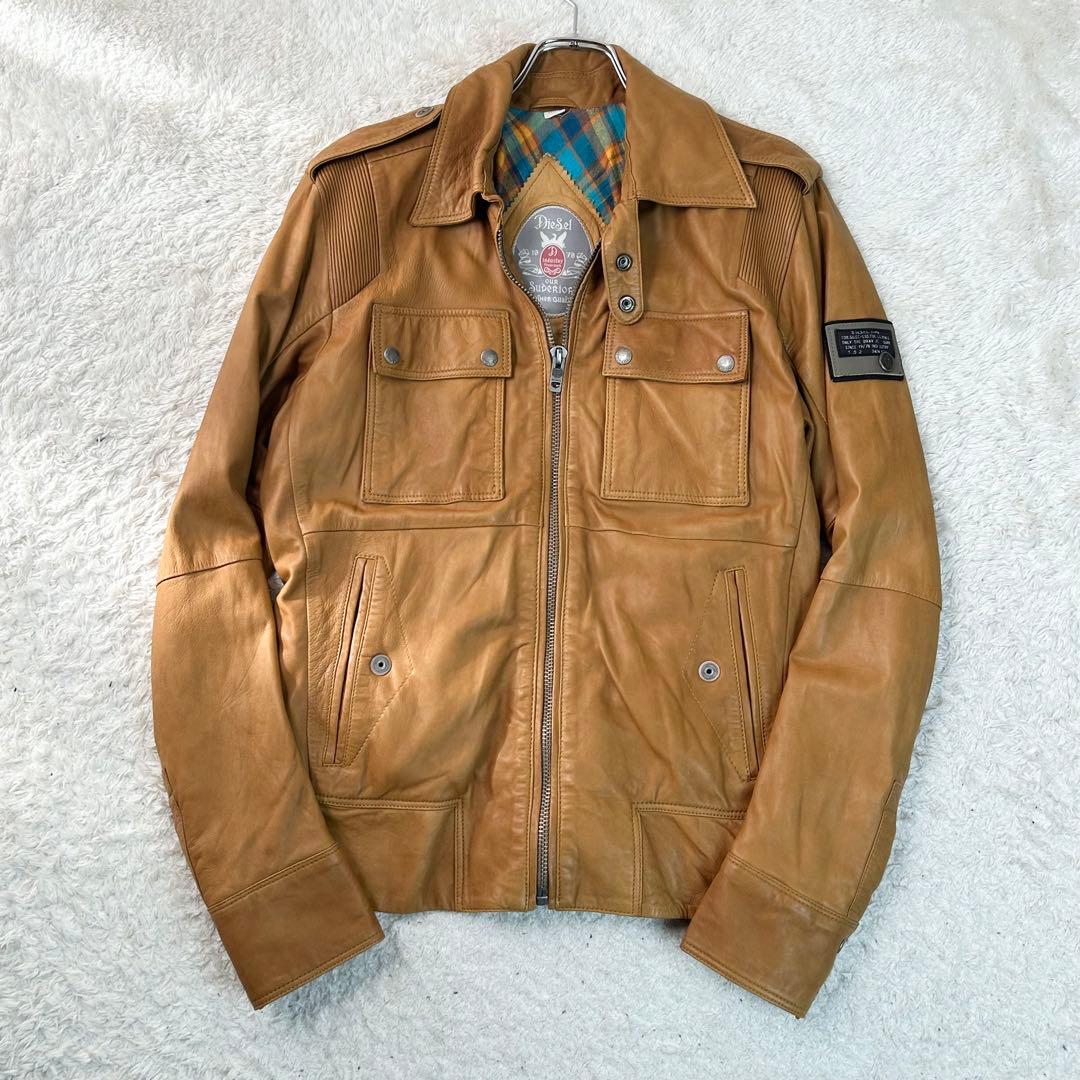 DIESEL レザージャケット 羊革 ミリタリー Sブラウン シープレザー