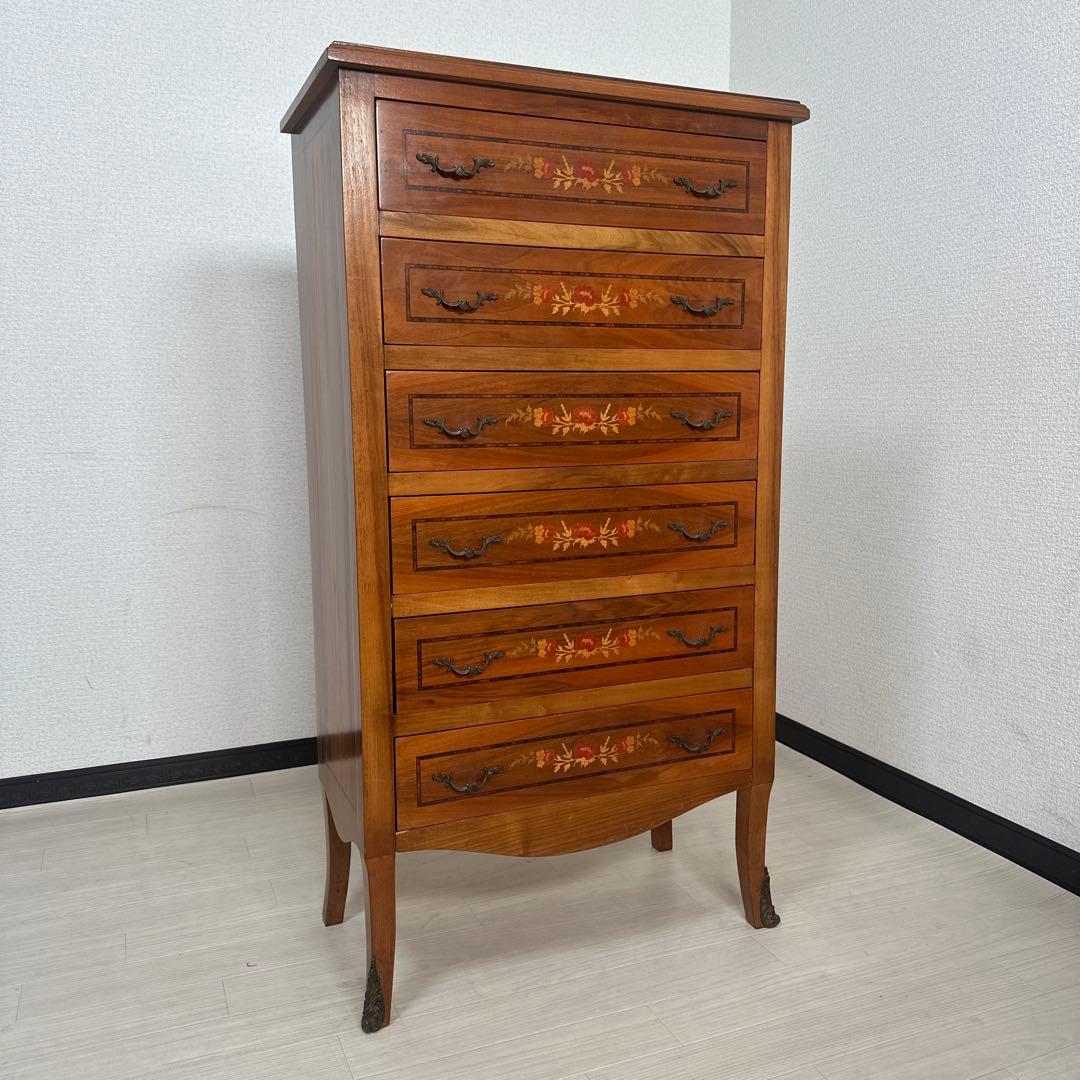 イタリア製 チェスト 6段6杯 象嵌 真鍮細工 金属取手 猫脚 i4※