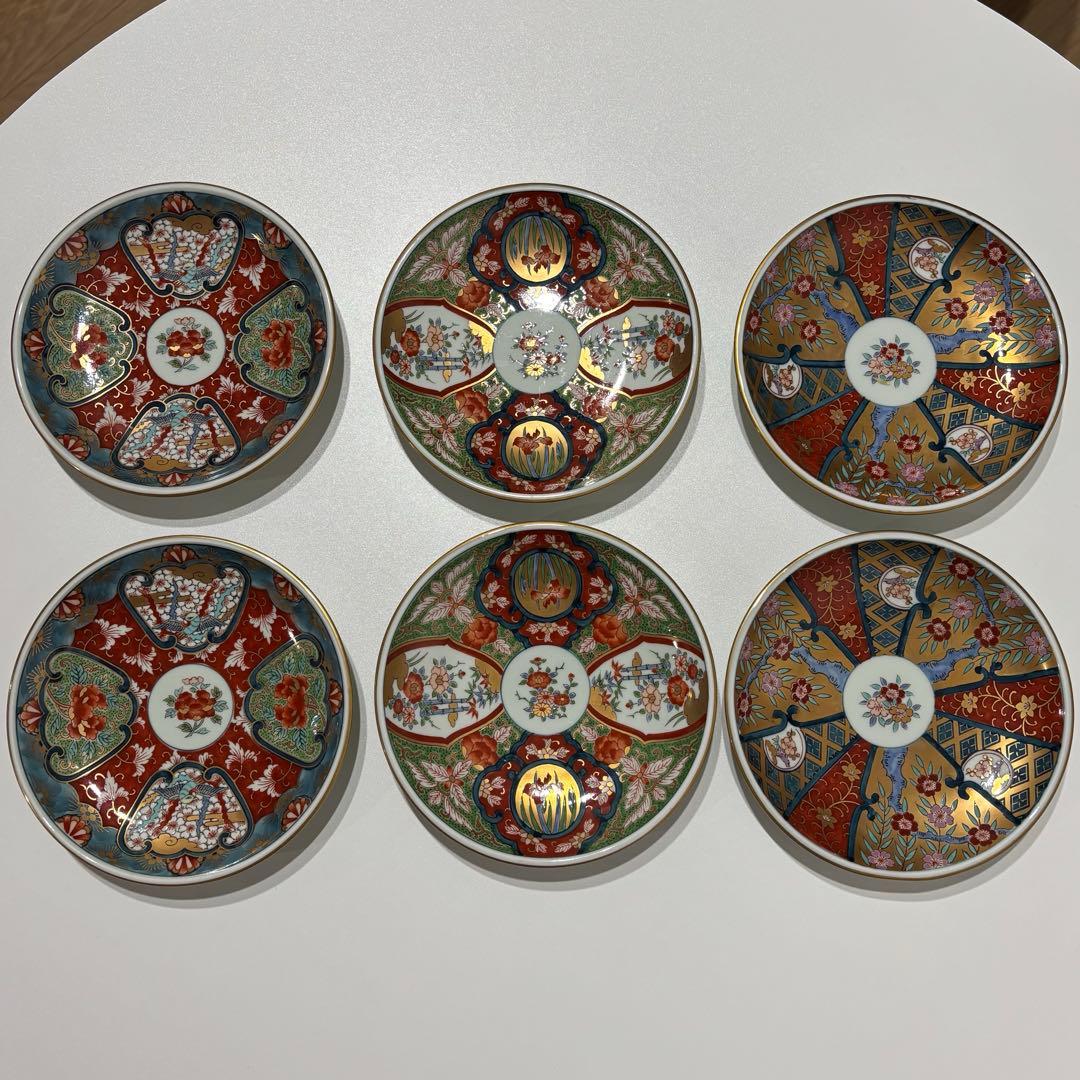 【美品】有田焼 林九郎作 染錦小皿 6枚揃い 金彩 割絵文様