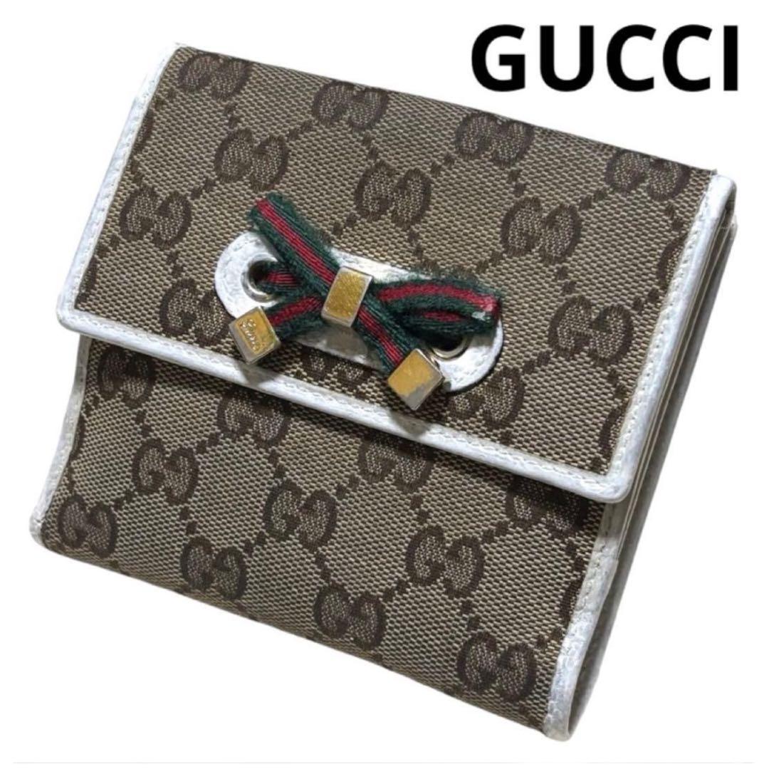 グッチ　折り財布　GGキャンバス　ベージュ　プリンシー　リボン　シェリーライン