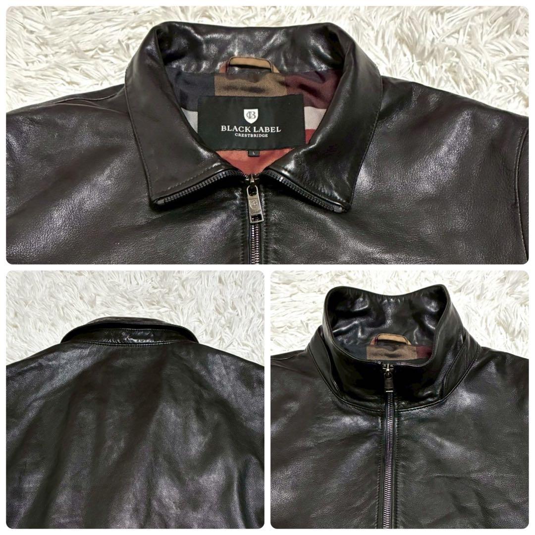 美品/L⭐️ブラックレーベルクレストブリッジ　レザージャケット　艶感　チェック　黒