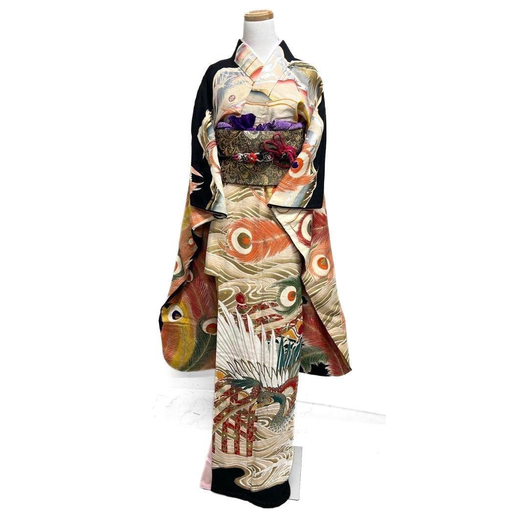 アンティーク　刺繍　金狛刺繍　鳳凰　羽模様　振袖　引き摺り　着物　104a p