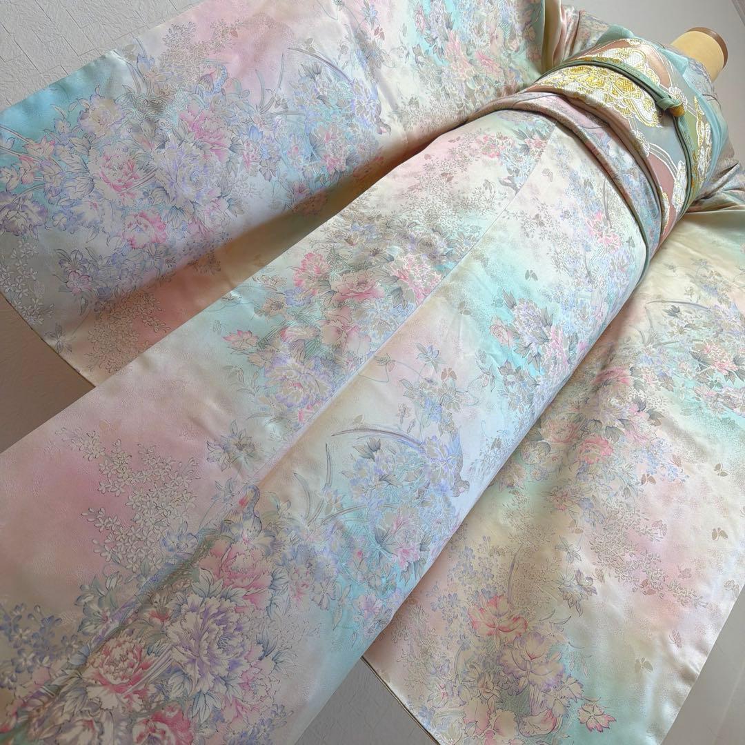 497 振袖フルセット 正絹 ピンク 水色 生成 銀彩 総手書き 暈し染め 蝶