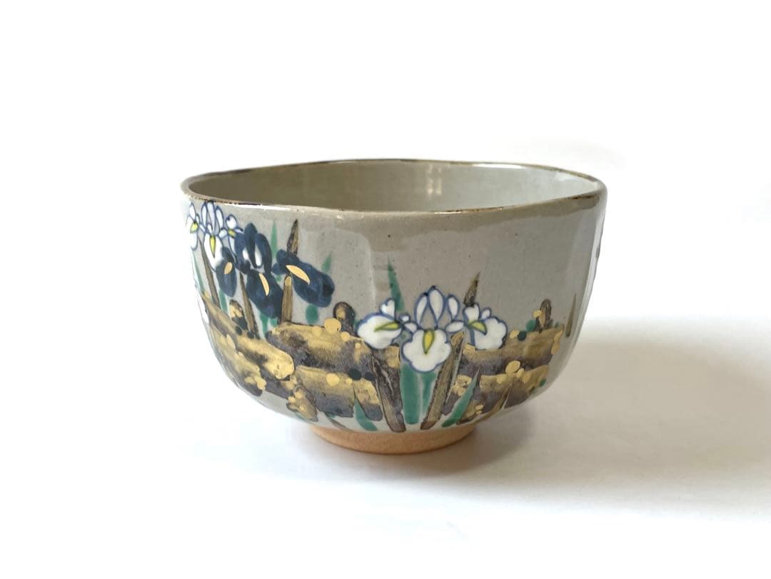 茶道具　杣山焼　南口閑粋　乾山写　色絵　金彩　八ツ橋　茶碗　共箱 あやめ　桔梗