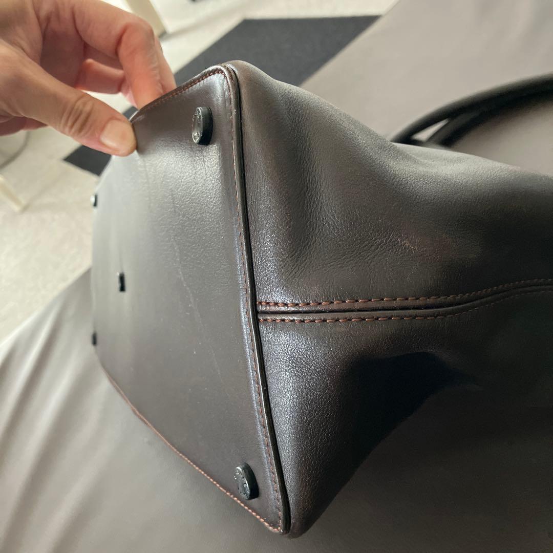 シャネルターンロックラムスキンボストンショルダービジネスバッグ大ブラウン