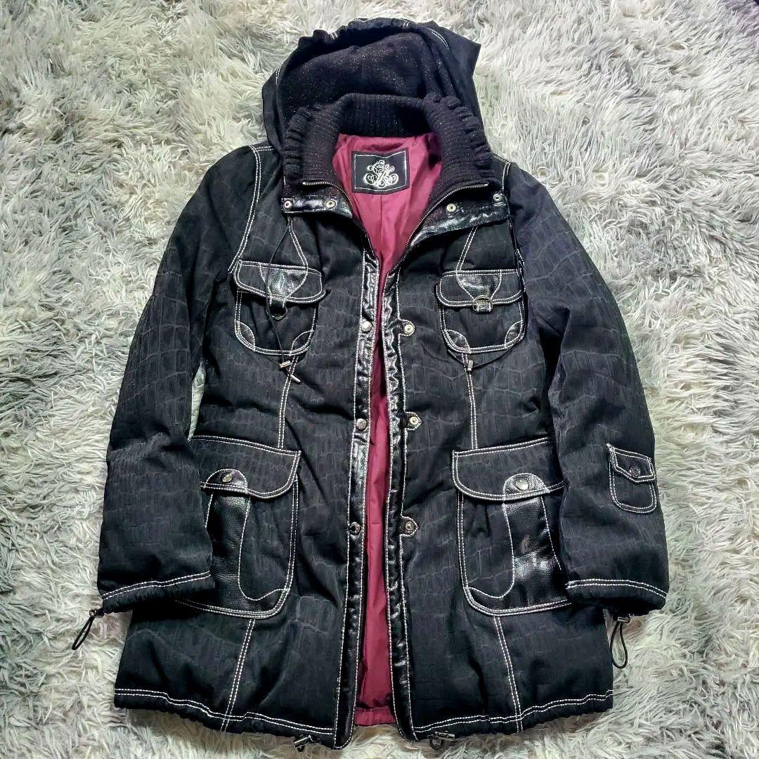 ​美品 伊太利屋 GK ダウンコート クロコ型押し ラメ 異素材 ブラック 9号