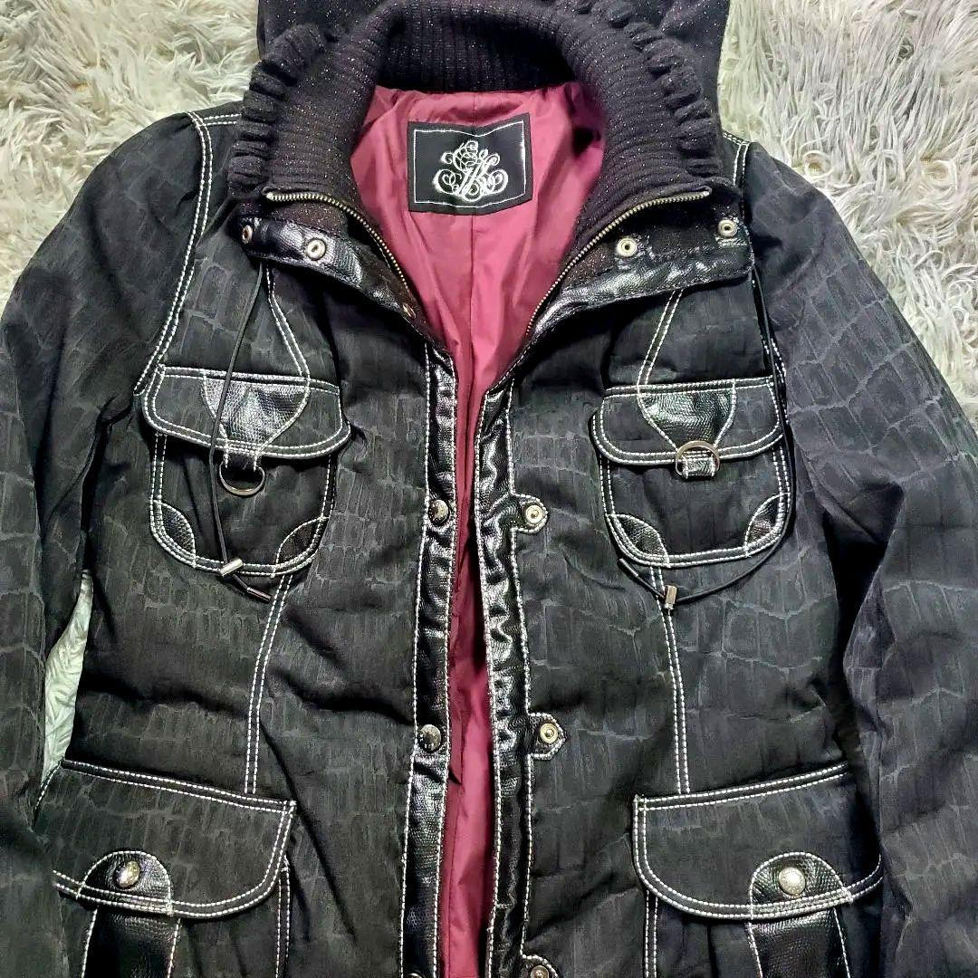 ​美品 伊太利屋 GK ダウンコート クロコ型押し ラメ 異素材 ブラック 9号