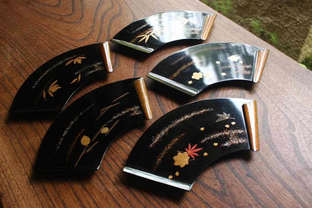極上草花蒔絵の映える扇面銘々皿5点揃（検輪島塗銘々皿菓子皿茶道具