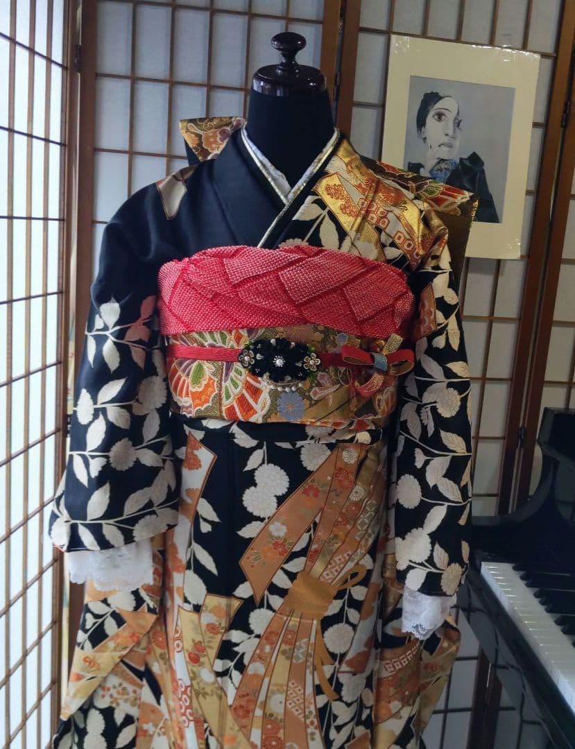 409黒しつけ付　束熨斗　落款　　正絹8点振袖フルセット成人卒業結婚式