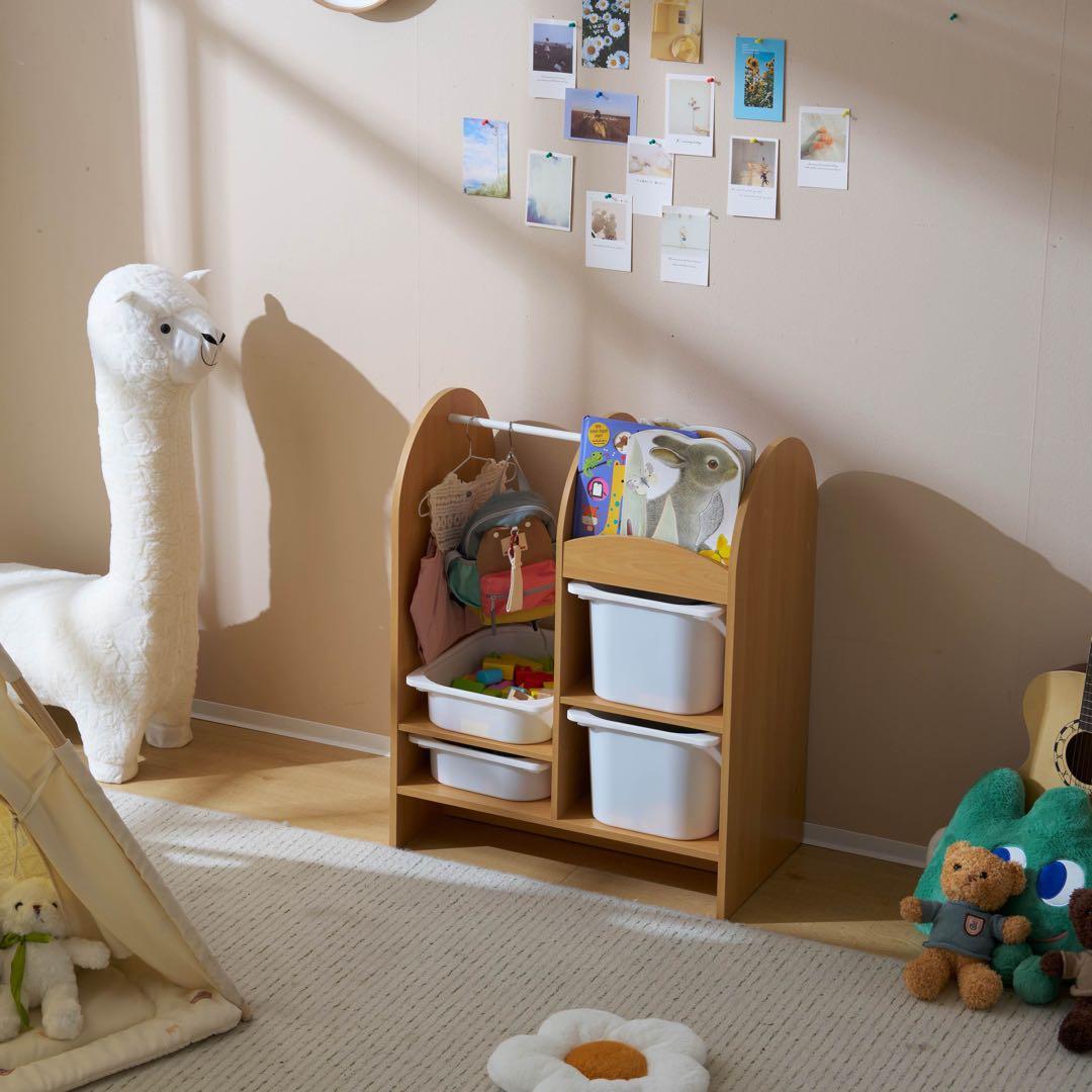 おもちゃ収納ラックハンガーバー付き 子ども用家具 木製 収納ケースワイドタイプ