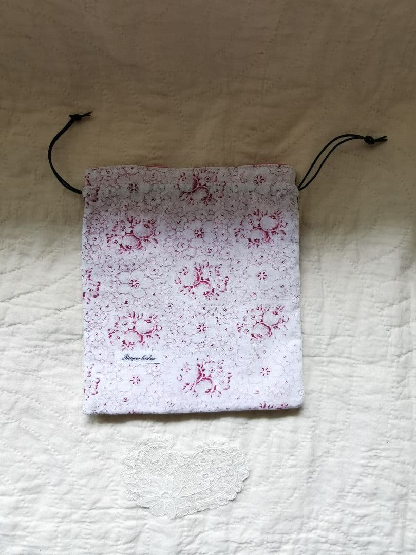 ハンドメイド✃アンティークドイツ果実薔薇柄 ホームスパンリネン格子巾着 レース付