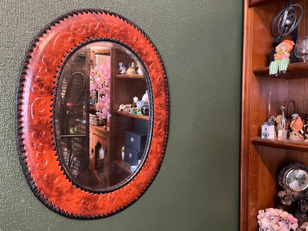 未使用 ミラー 壁掛け 鏡 レザー インテリア アンティーク 昭和レトロ 当時物