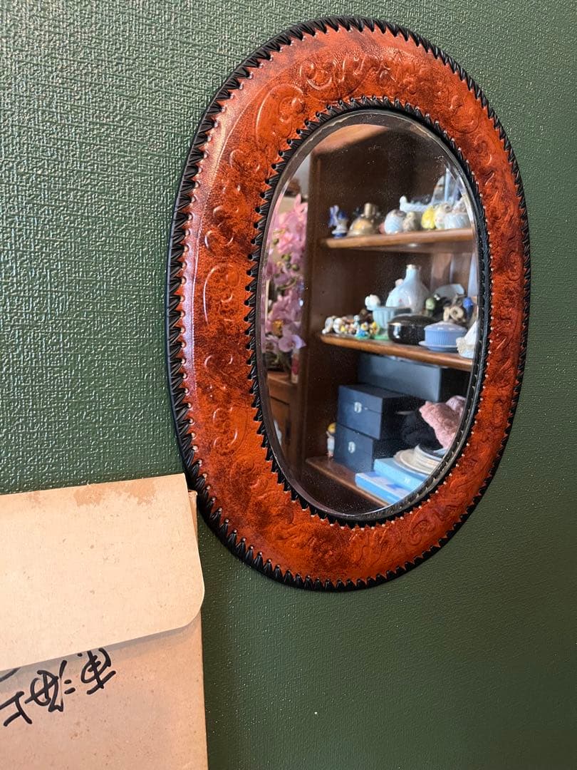 未使用 ミラー 壁掛け 鏡 レザー インテリア アンティーク 昭和レトロ 当時物