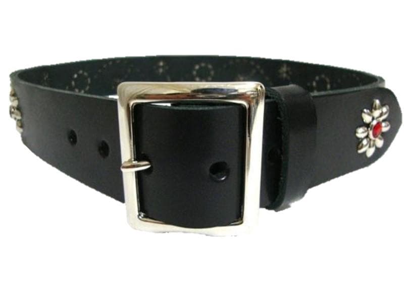 栃木レザー　フラワー型スタッズベルト　黒（レッドスポッツ）４０ｍｍ幅　一枚革