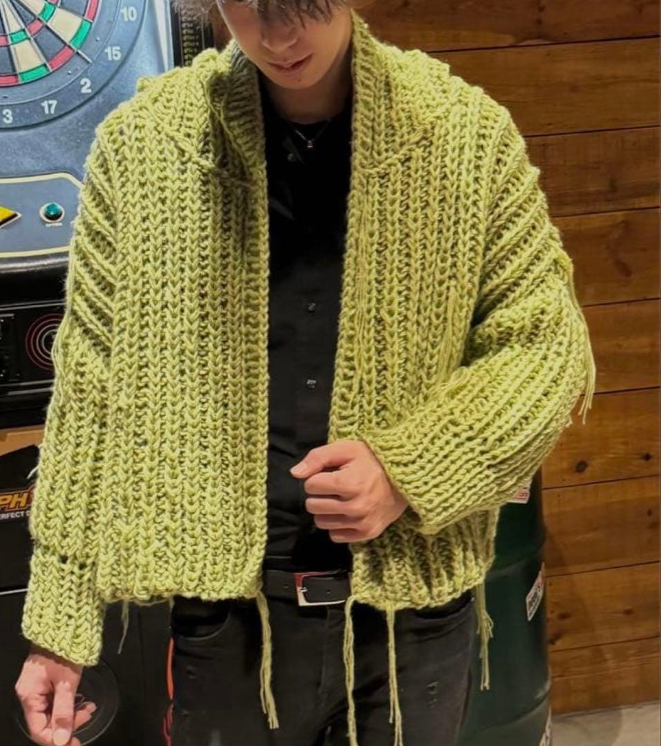 フードニットコート　ロングカーディガン　ダメージニット　コーディガン　手編み