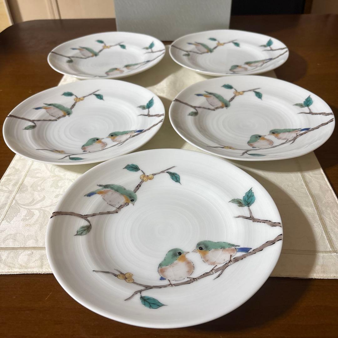 九谷焼 九谷 青郊窯 めじろ 小鳥 中皿 5枚 箱付