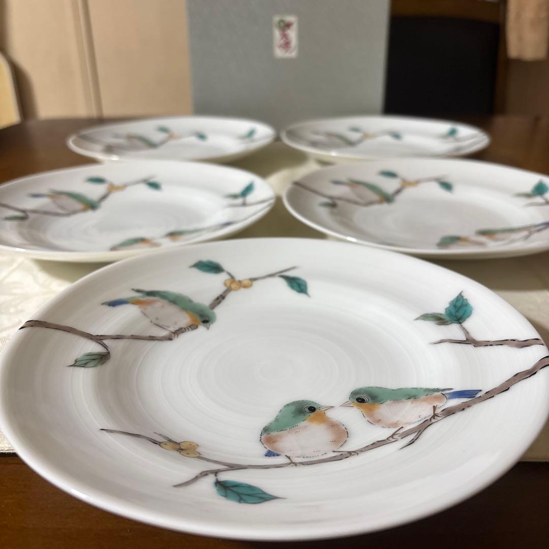 九谷焼 九谷 青郊窯 めじろ 小鳥 中皿 5枚 箱付