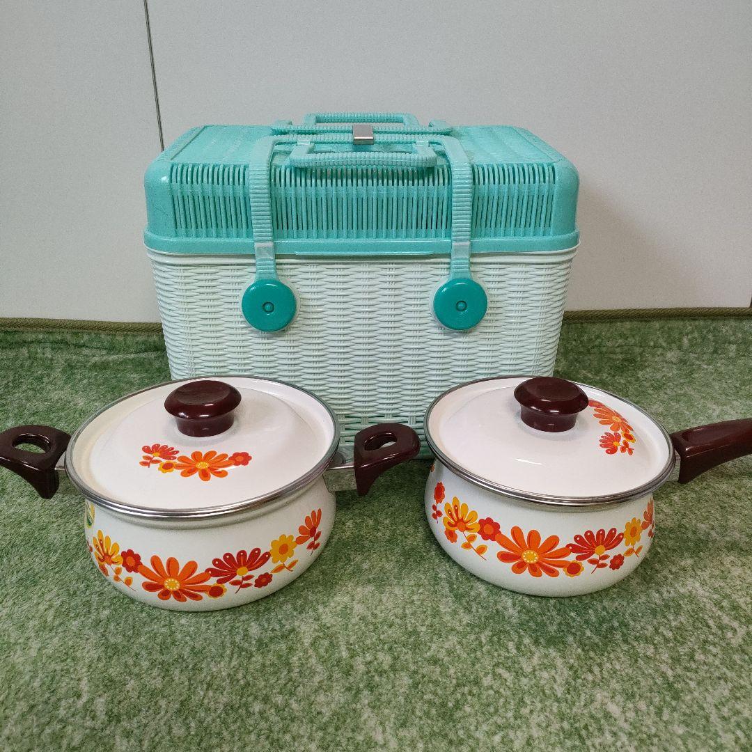 昭和レトロポップ　花柄鍋　ホーローピクニックバスケット　カゴ　まとめてセット