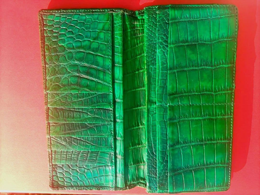 定価11.3万 全面ナイルクロコダイル 長財布 グリーン革芸人日本製