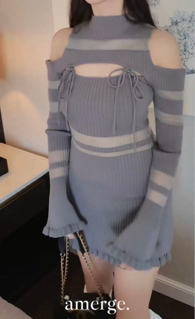 amerge シアーリボン フェミニンリブニットワンピース グレー