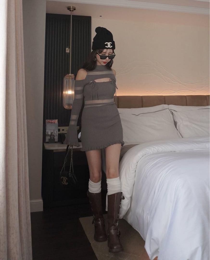 amerge シアーリボン フェミニンリブニットワンピース グレー