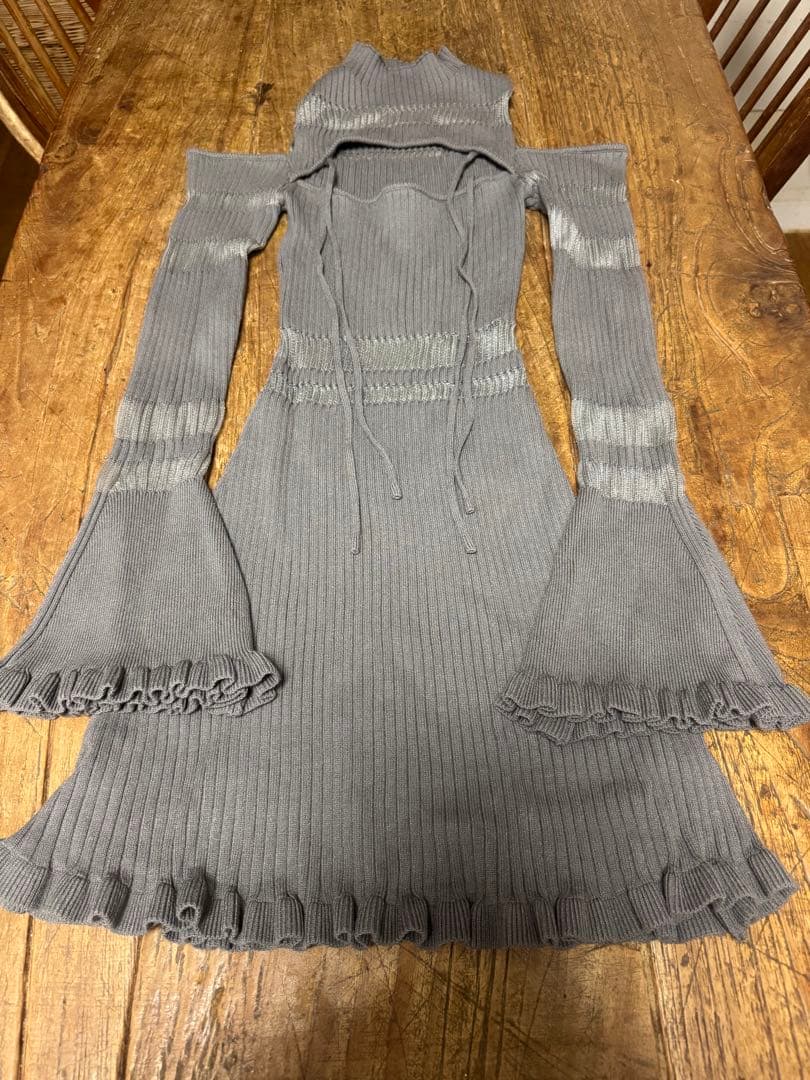 amerge シアーリボン フェミニンリブニットワンピース グレー