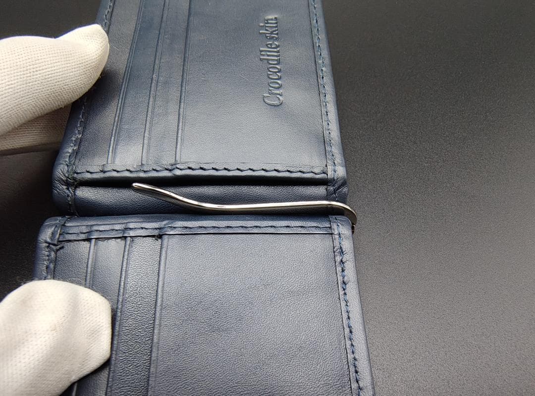 クロコダイル革 マネークリップ 二つ折り財布 本革 ネイビーブルー 薄型 新品