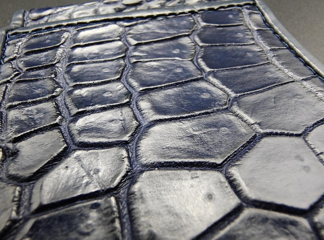 クロコダイル革 マネークリップ 二つ折り財布 本革 ネイビーブルー 薄型 新品