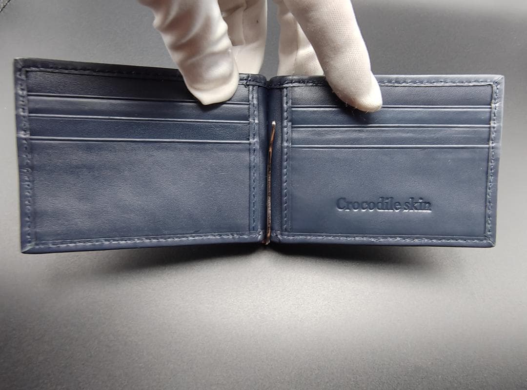 クロコダイル革 マネークリップ 二つ折り財布 本革 ネイビーブルー 薄型 新品