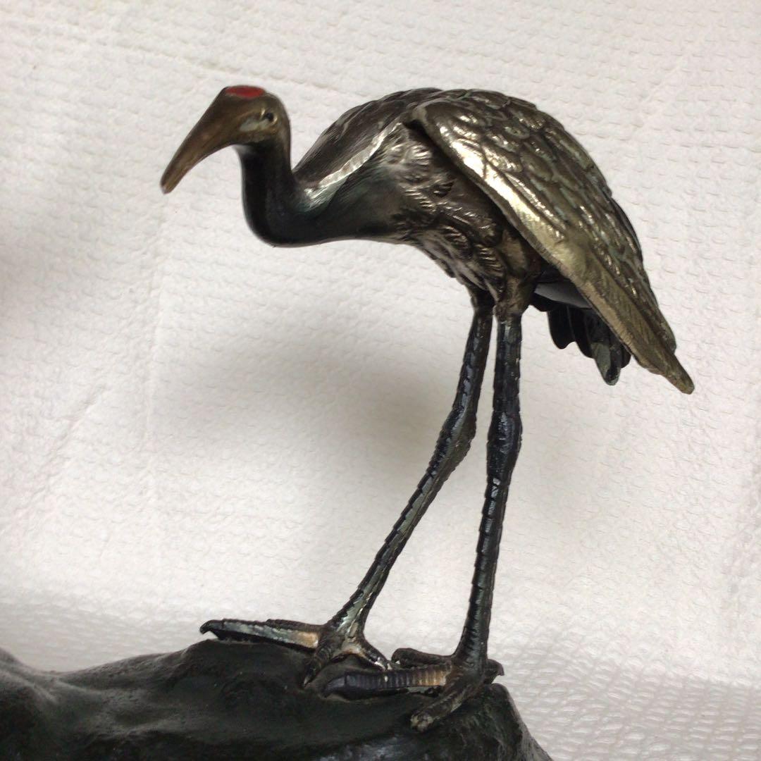 [美品]鶴亀置物　骨董品　縁起物　岩上に鶴亀　古銅色分け青銅　美術工芸品高岡銅器