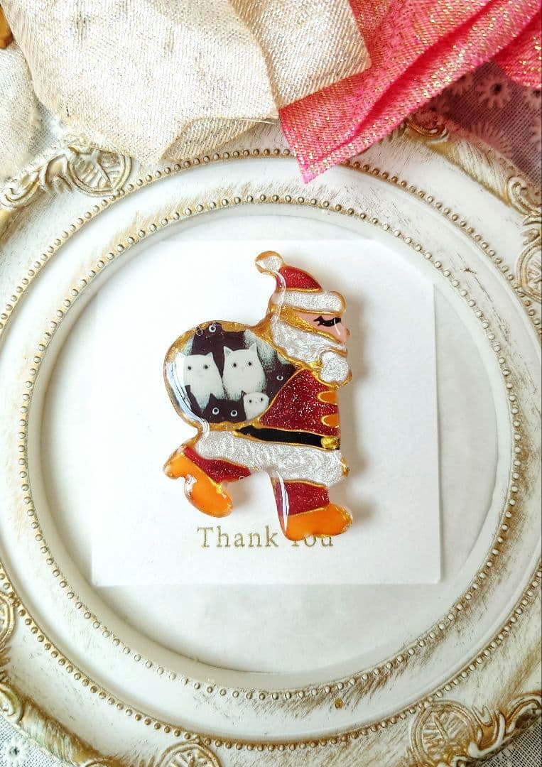 レジン　猫　サンタクロース　ヘアゴム　ブローチ　ポニーフック　No.343
