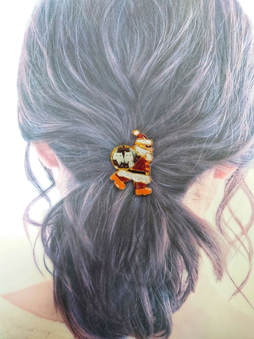 レジン　猫　サンタクロース　ヘアゴム　ブローチ　ポニーフック　No.343