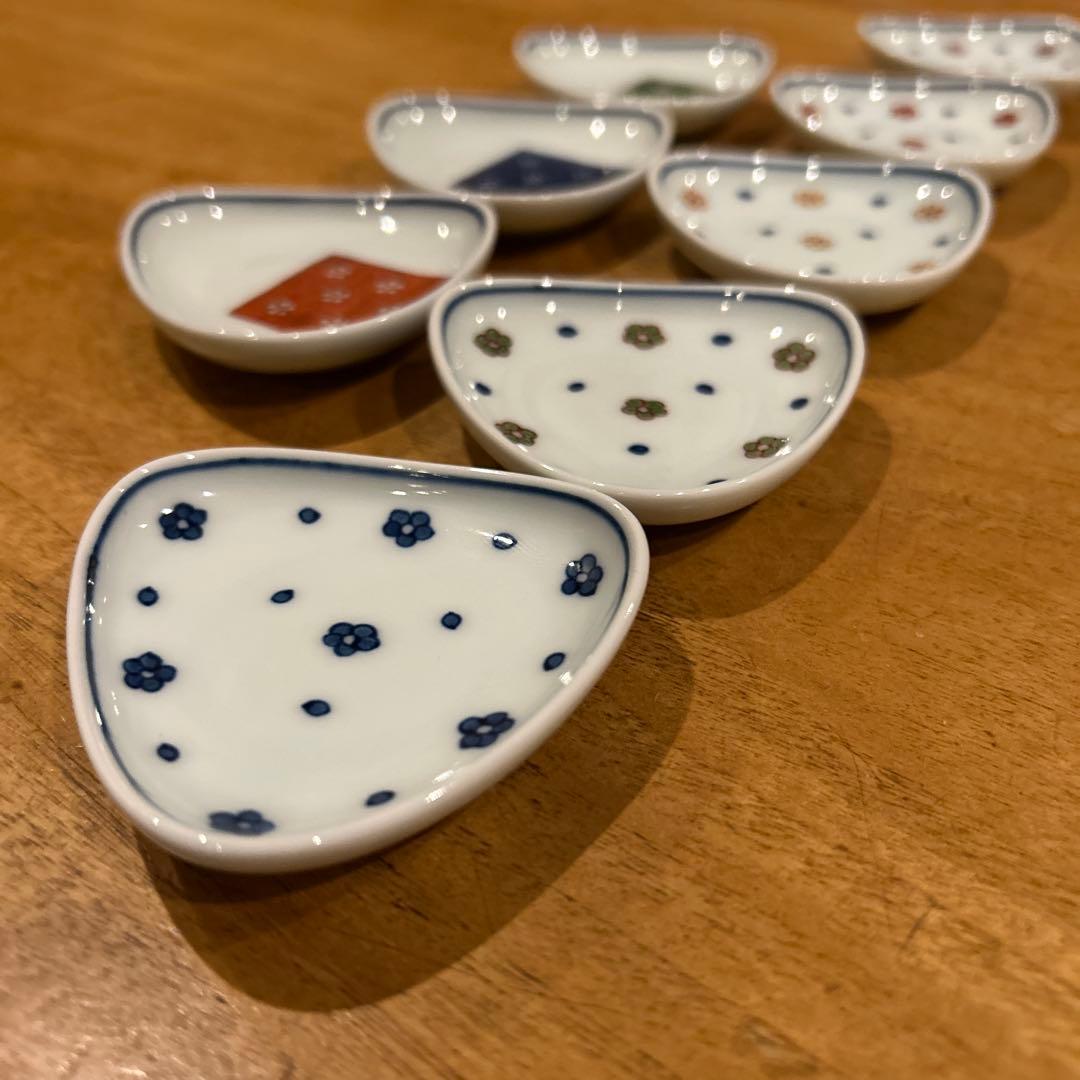 源右衛門　緑彩梅地紋 小紋割　三角小皿おまとめ