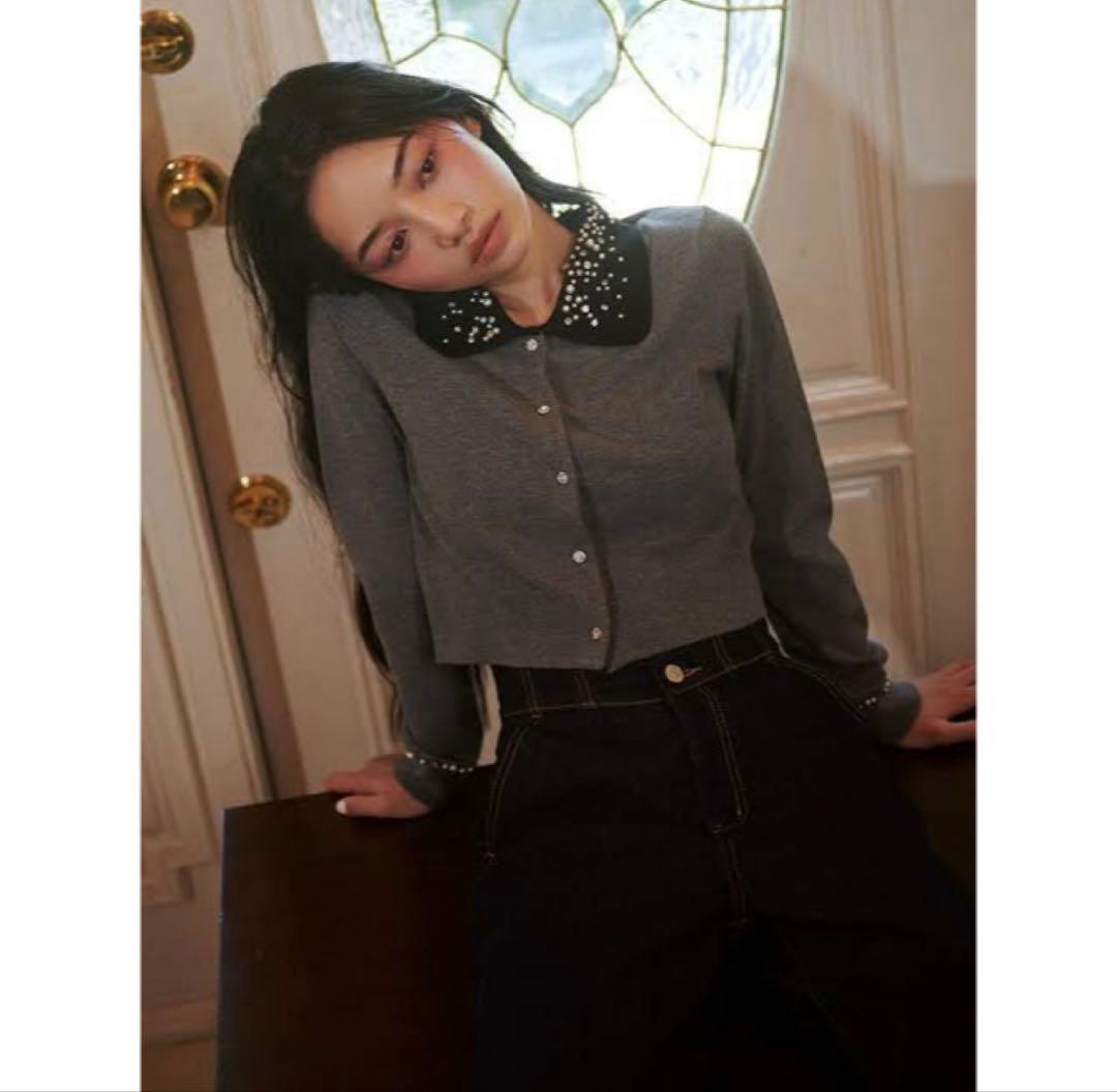 【美品】SNIDEL スナイデル ビジューカラーニットカーディガン GRY