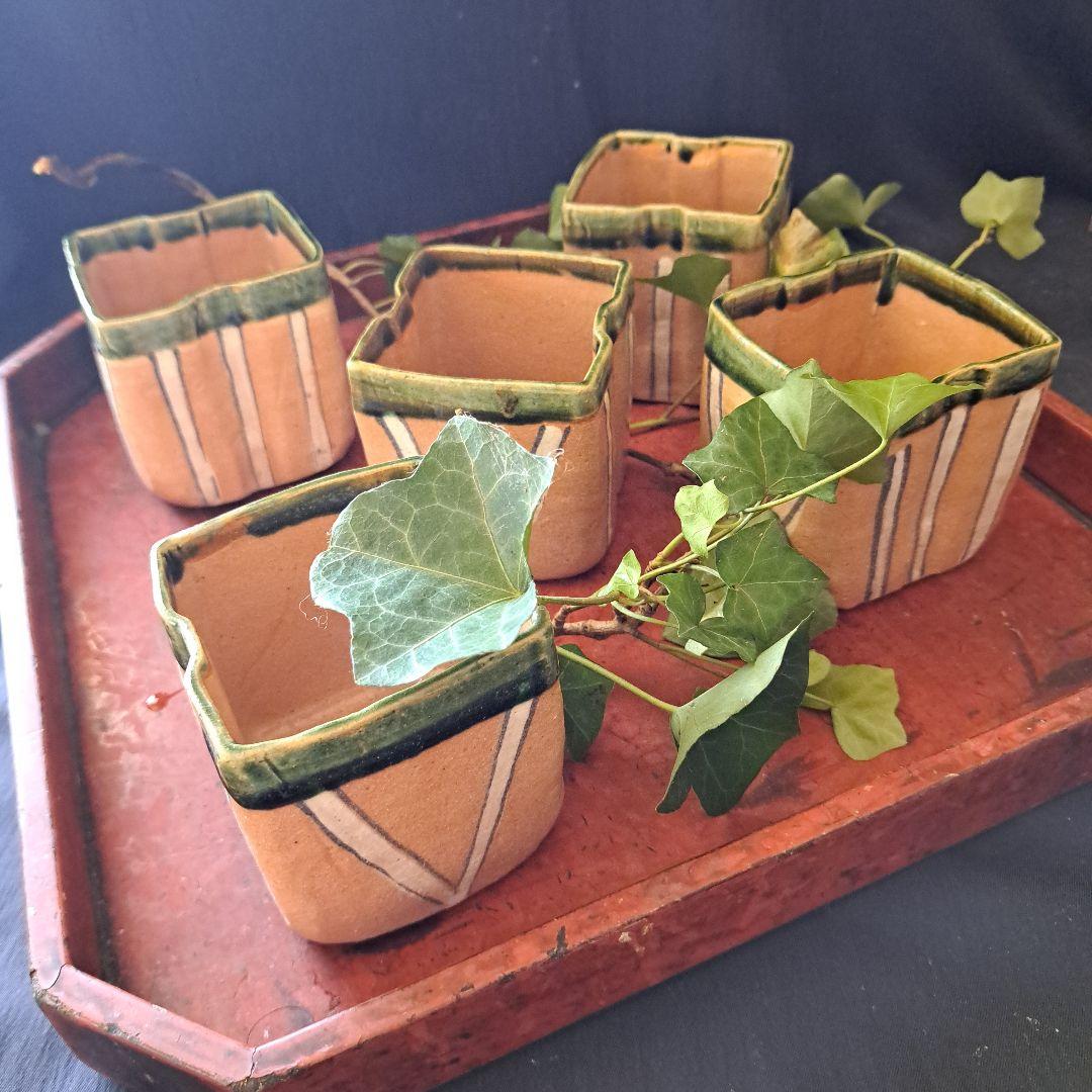 「モダンな織部(おりべ)！」 織部焼向付(むこうづけ)幅8cm 5客セット 骨