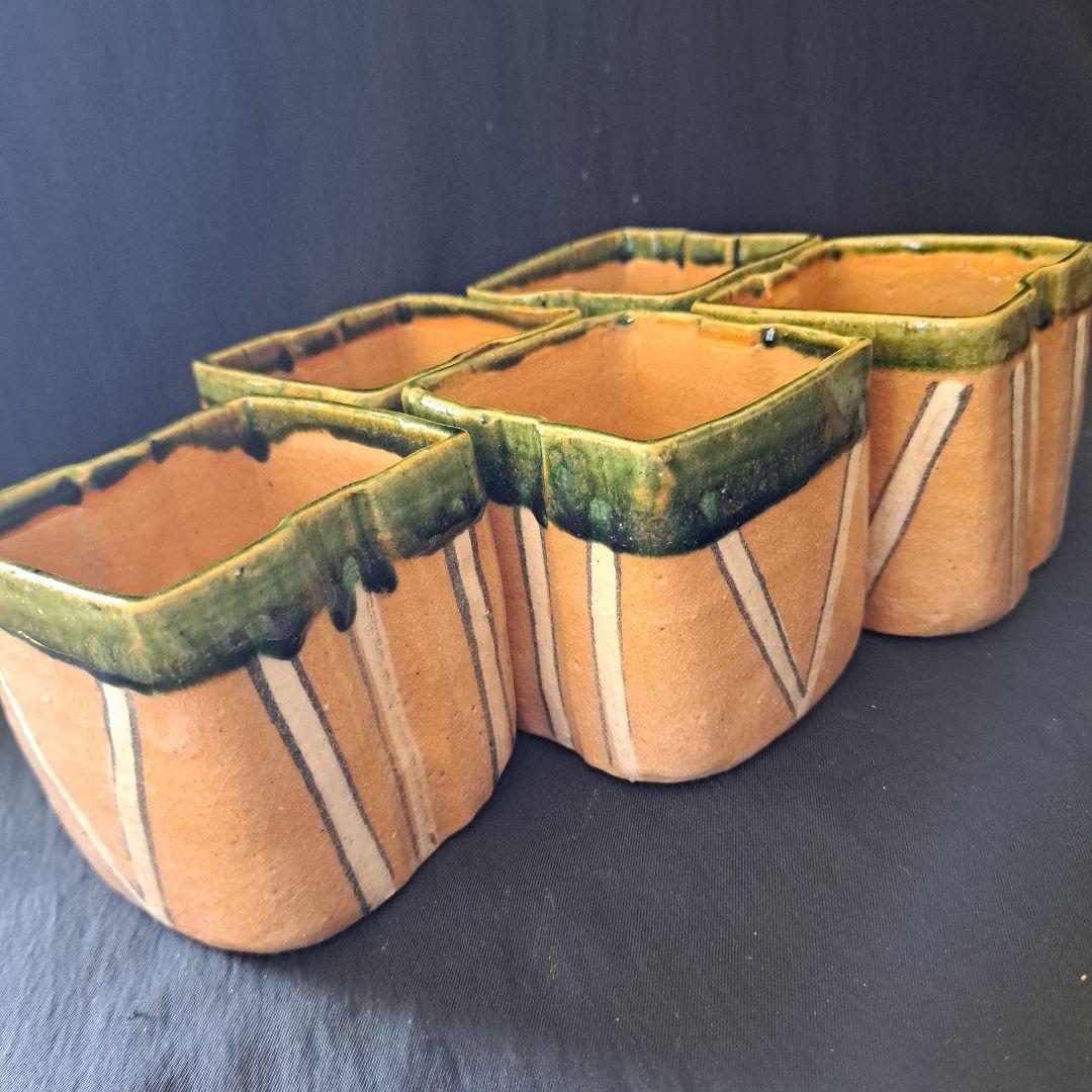 「モダンな織部(おりべ)！」 織部焼向付(むこうづけ)幅8cm 5客セット 骨